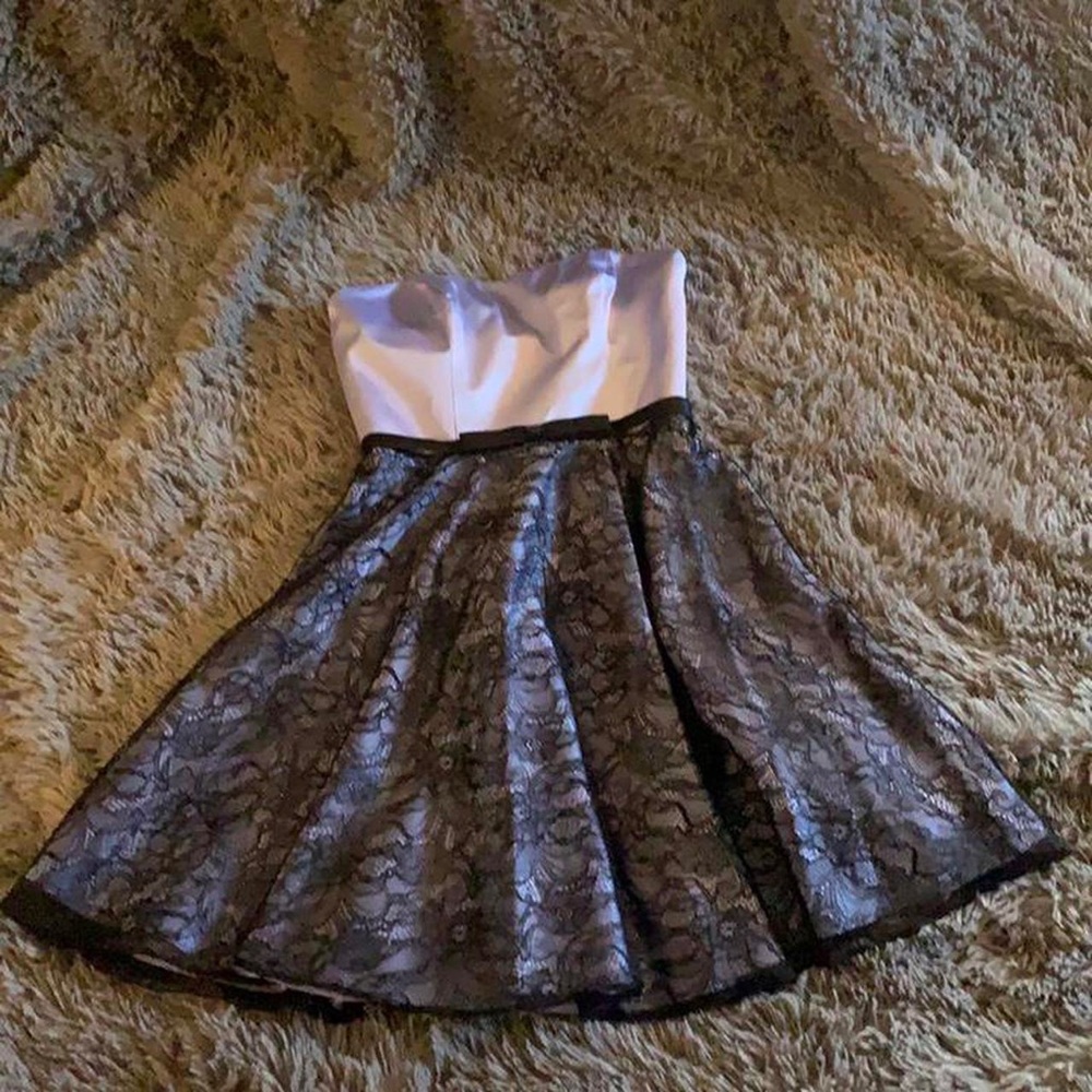 Allure Bridals Bridesmaids cocktail style lilac and black lace dress